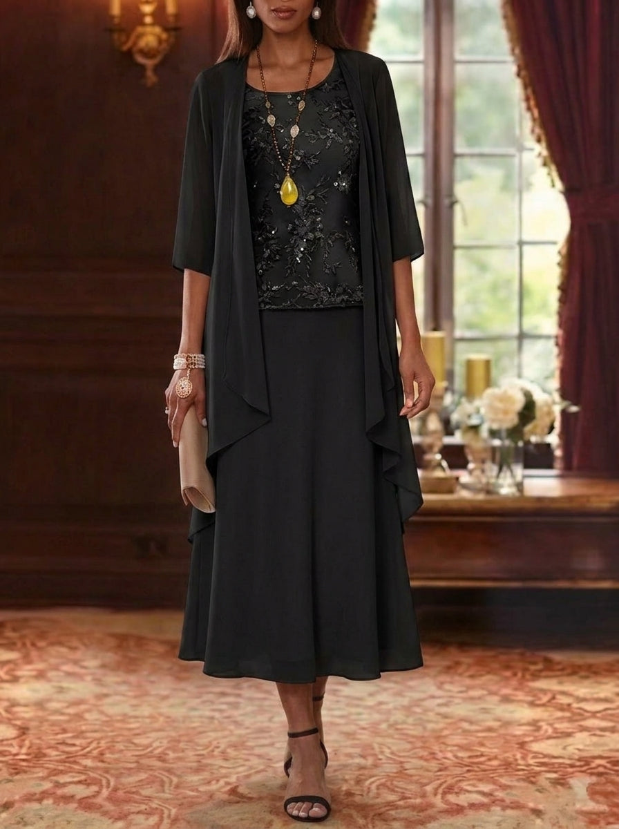 Ensemble de 2 Morceaux, Robe Mère de la Mariée, Ligne A/Princesse, Col Rond, Mousseline, avec Veste, Manches 3/4, Longueur du Thé, Dentelle