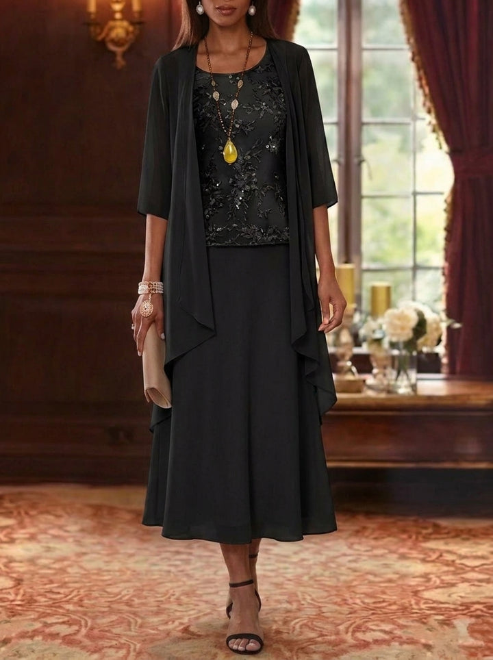 Ensemble de 2 Morceaux, Robe Mère de la Mariée, Ligne A/Princesse, Col Rond, Mousseline, avec Veste, Manches 3/4, Longueur du Thé, Dentelle