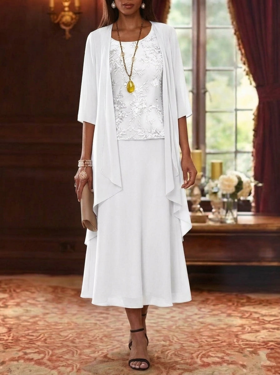 Ensemble de 2 Morceaux, Robe Mère de la Mariée, Ligne A/Princesse, Col Rond, Mousseline, avec Veste, Manches 3/4, Longueur du Thé, Dentelle