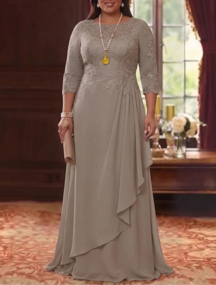 Robe Mère de la Mariée en Mousseline et Dentelle, Grande Taille, Ligne A/Princesse, Col Rond, Manches 3/4, Longueur au Sol, Plissér