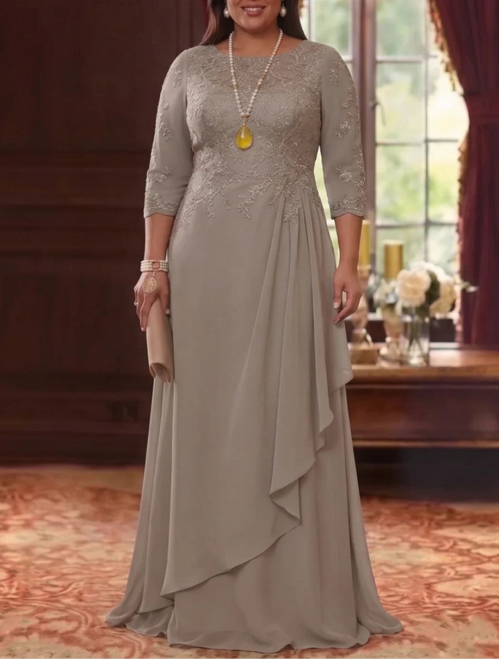 Robe Mère de la Mariée en Mousseline et Dentelle, Grande Taille, Ligne A/Princesse, Col Rond, Manches 3/4, Longueur au Sol, Plissér