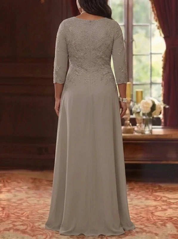 Robe Mère de la Mariée en Mousseline et Dentelle, Grande Taille, Ligne A/Princesse, Col Rond, Manches 3/4, Longueur au Sol, Plissér