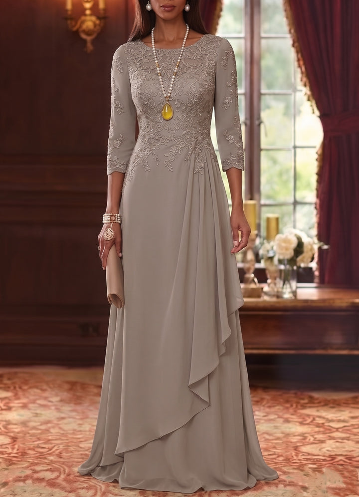 Robe mère de la mariée, Ligne A/Princesse, Col Rond, Mousseline, Manches 3/4, Dentelle, Longueur du Sol,Avec Plis