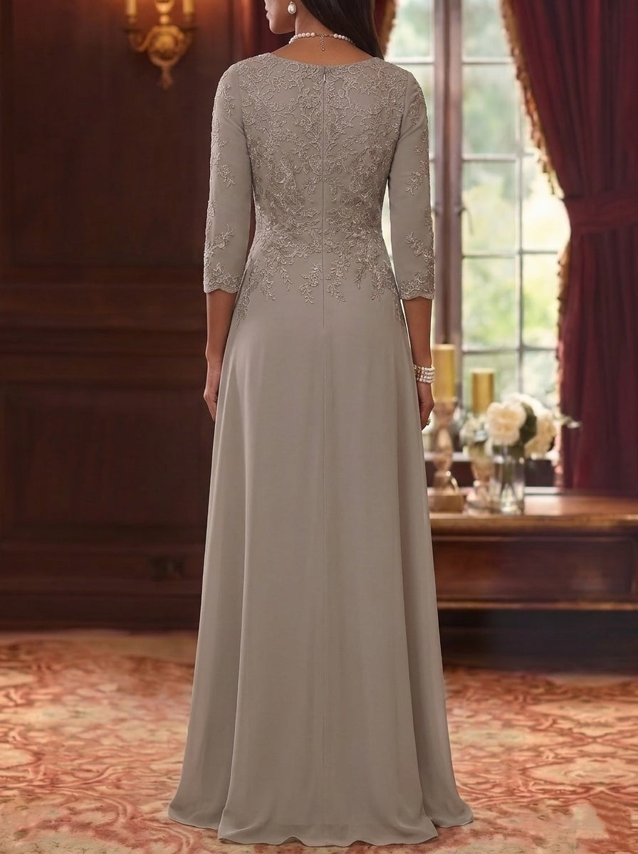 Robe mère de la mariée, Ligne A/Princesse, Col Rond, Mousseline, Manches 3/4, Dentelle, Longueur du Sol,Avec Plis