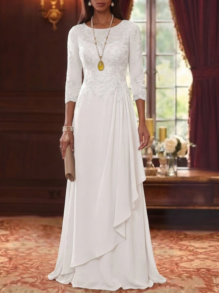 Robe mère de la mariée, Ligne A/Princesse, Col Rond, Mousseline, Manches 3/4, Dentelle, Longueur du Sol,Avec Plis