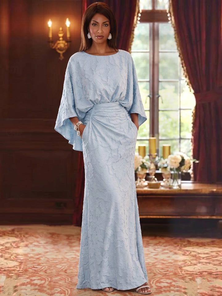 Robe Mère de la Mariée, Forme Fourreau/Colonne, Col Rond, Mousseline Florale, Manches 3/4, Longueur au Sol, Froncé