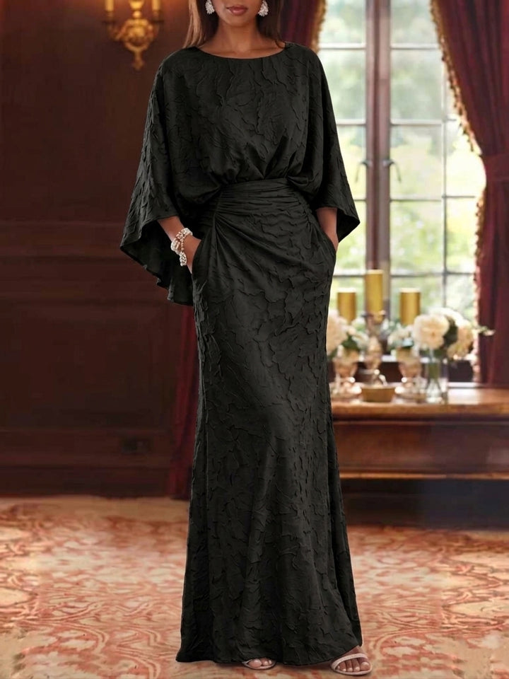 Robe Mère de la Mariée, Forme Fourreau/Colonne, Col Rond, Mousseline Florale, Manches 3/4, Longueur au Sol, Froncé
