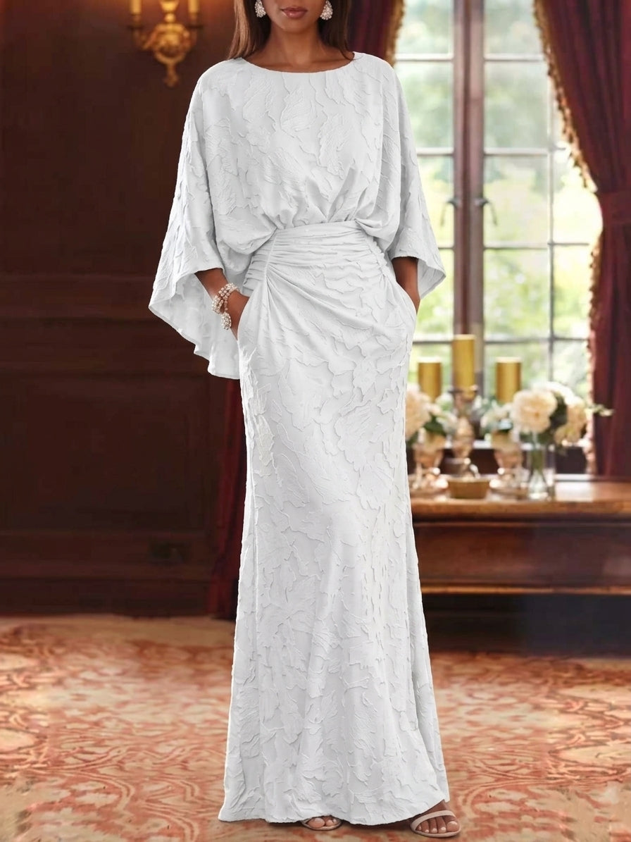 Robe Mère de la Mariée, Forme Fourreau/Colonne, Col Rond, Mousseline Florale, Manches 3/4, Longueur au Sol, Froncé