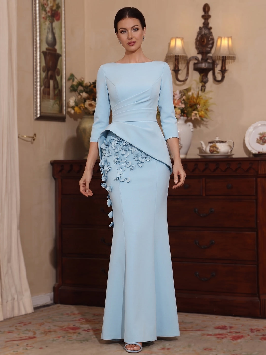Robe Mère de la Mariée, Forme Trompette/Sirène, Col Bateau, Satin Élastique, Fleurs 3D, Manches 3/4, Longueur au Sol
