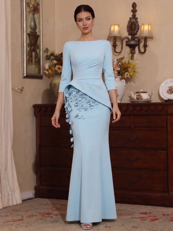 Robe Mère de la Mariée, Forme Trompette/Sirène, Col Bateau, Satin Élastique, Fleurs 3D, Manches 3/4, Longueur au Sol