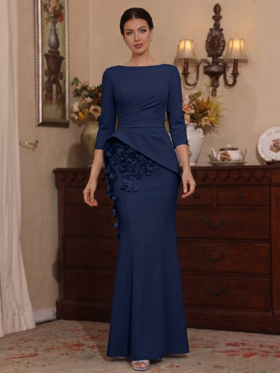 Robe Mère de la Mariée, Forme Trompette/Sirène, Col Bateau, Satin Élastique, Fleurs 3D, Manches 3/4, Longueur au Sol