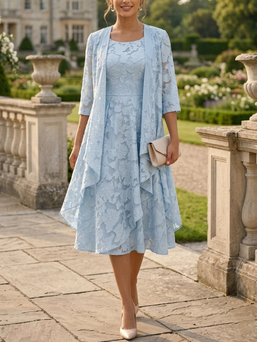 Robe Mère de la Mariée forme A/Princesse, col rond, mousseline à motif floral, avec veste, Longueur du Thé, manches 3/4, volants