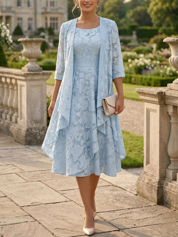 Robe Mère de la Mariée forme A/Princesse, col rond, mousseline à motif floral, avec veste, Longueur du Thé, manches 3/4, volants