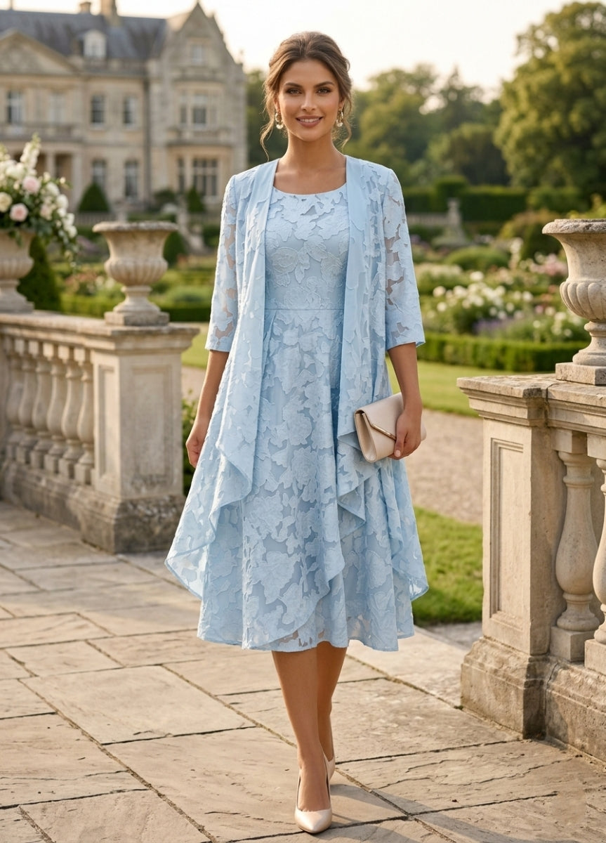 Robe Mère de la Mariée forme A/Princesse, col rond, mousseline à motif floral, avec veste, Longueur du Thé, manches 3/4, volants