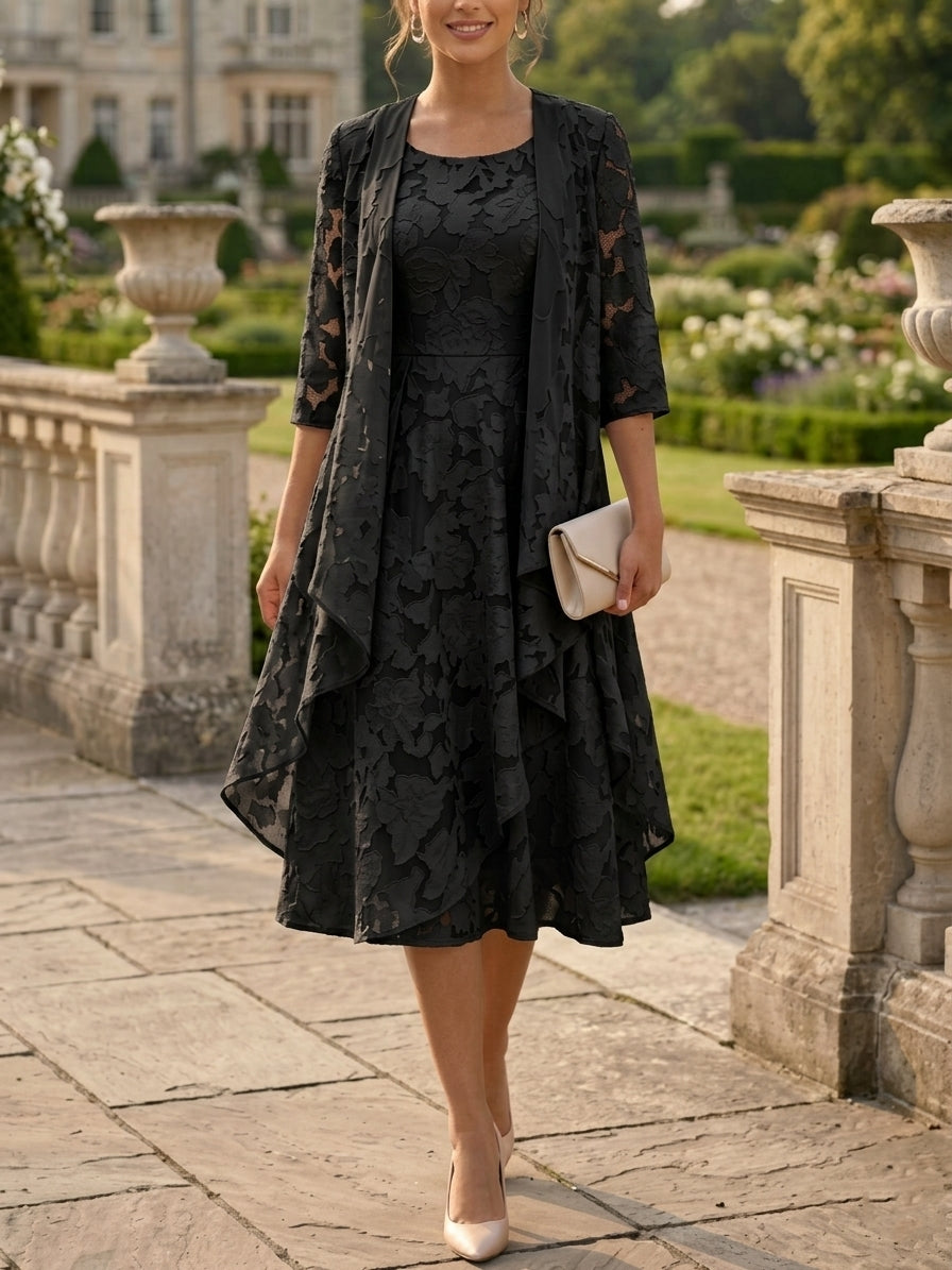Robe Mère de la Mariée forme A/Princesse, col rond, mousseline à motif floral, avec veste, Longueur du Thé, manches 3/4, volants