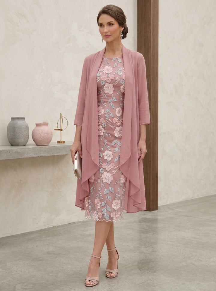 Robe Mère de la Mariée forme Fourreau/Colonne, col rond, broderie florale en mousseline, avec veste, manches 3/4, Longueur du Thé