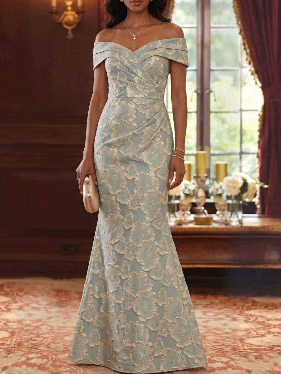 Robe Mère De La Mariée Forme Trompette/Sirène, Hors de l'épaule, Jacquard Floral, Sans Manches, Longueur Au Sol, Froncé