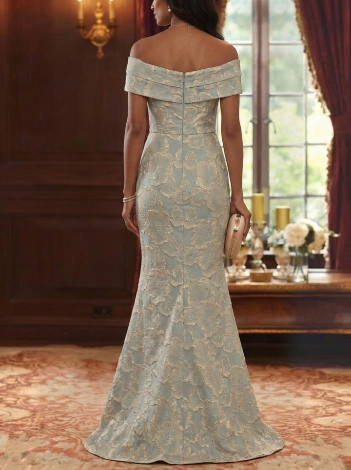 Robe Mère De La Mariée Forme Trompette/Sirène, Hors de l'épaule, Jacquard Floral, Sans Manches, Longueur Au Sol, Froncé