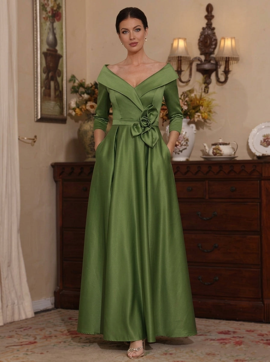 Robe Mère De La Mariée Forme A/Princesse, Hors de l'épaule, Satin, Manches 3/4, Longueur Cheville, Fleur 3D