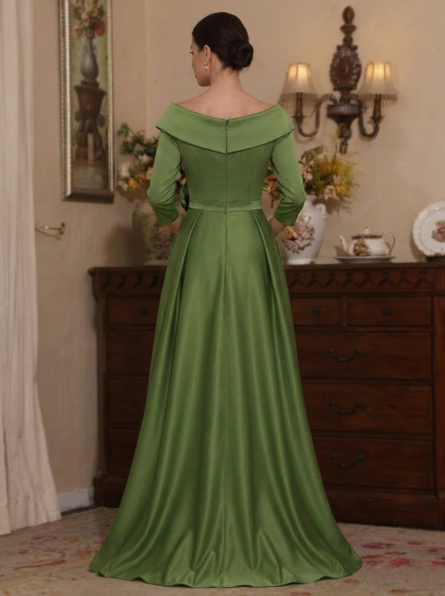 Robe Mère De La Mariée Forme A/Princesse, Hors de l'épaule, Satin, Manches 3/4, Longueur Cheville, Fleur 3D