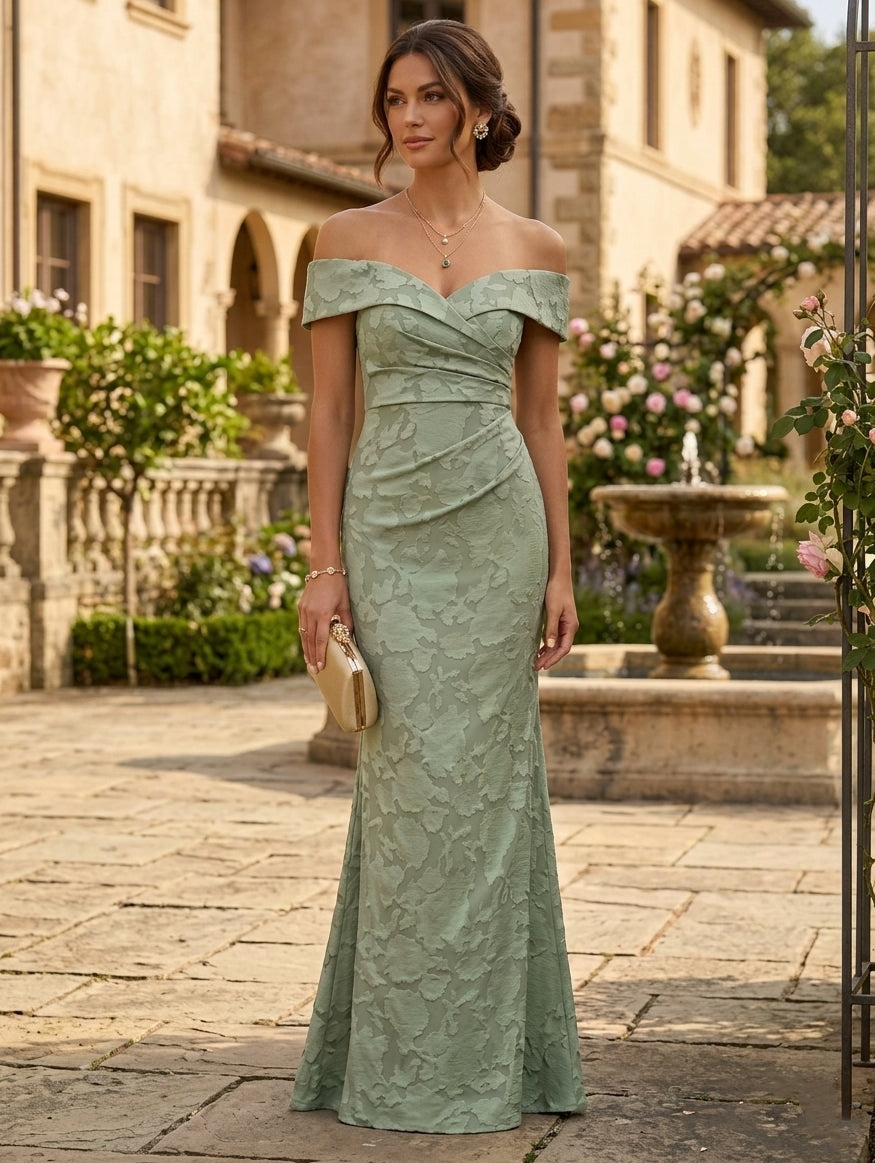 Robe Mère De La Mariée Forme Trompette/Sirène, Hors de l'Épaule, Mousseline Florale, Sans Manches, Longueur Au Sol