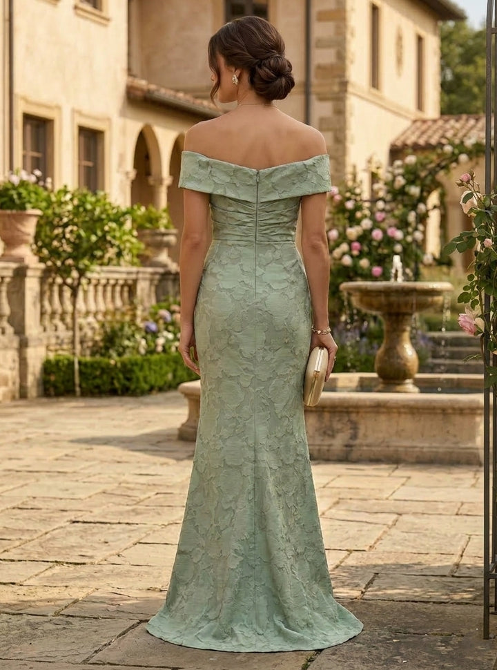 Robe Mère De La Mariée Forme Trompette/Sirène, Hors de l'Épaule, Mousseline Florale, Sans Manches, Longueur Au Sol