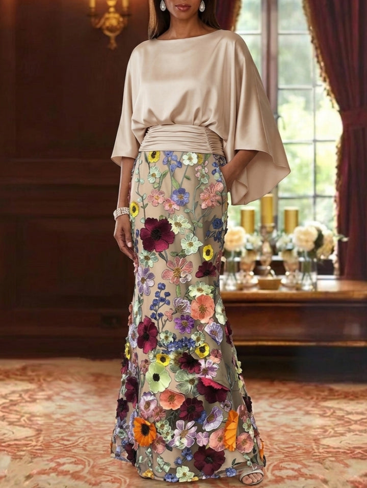 Robe Mère De La Mariée Forme Trompette/Sirène, Satin De Soie Floral, Longueur Au Sol, Manches 3/4, Froncé