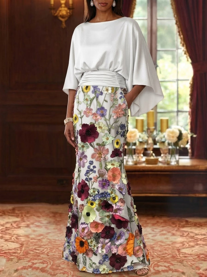 Robe Mère De La Mariée Forme Trompette/Sirène, Satin De Soie Floral, Longueur Au Sol, Manches 3/4, Froncé