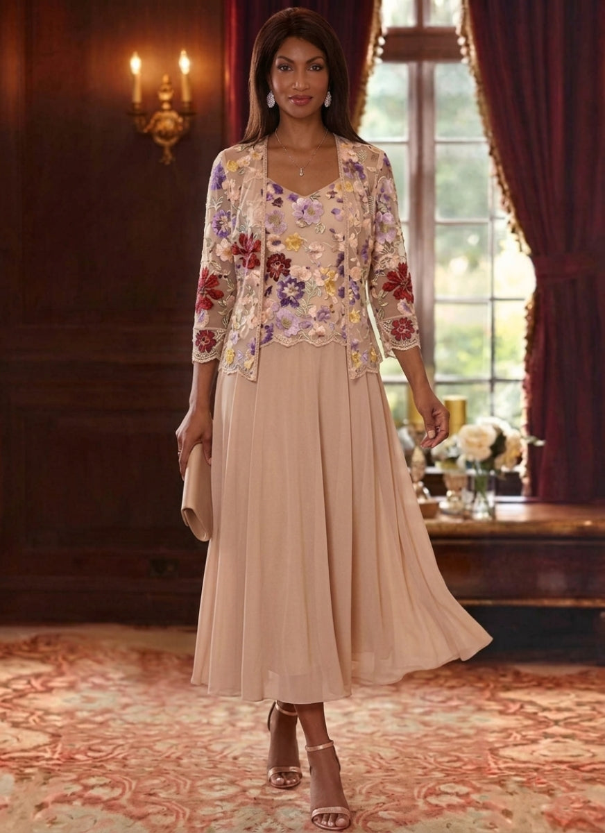 2 Pièces Robe Mère De La Mariée Forme A/Princesse, Col V, Mousseline Florale Avec Veste, Manches 3/4, Longueur Du Thé