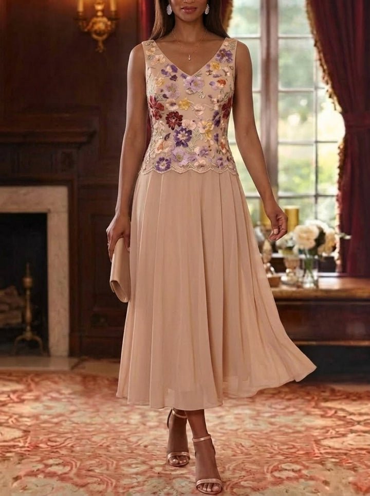 2 Pièces Robe Mère De La Mariée Forme A/Princesse, Col V, Mousseline Florale Avec Veste, Manches 3/4, Longueur Du Thé