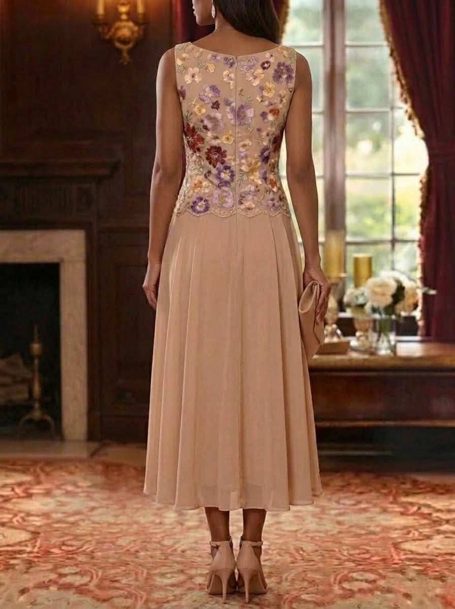 2 Pièces Robe Mère De La Mariée Forme A/Princesse, Col V, Mousseline Florale Avec Veste, Manches 3/4, Longueur Du Thé