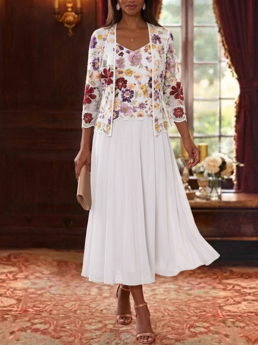 2 Pièces Robe Mère De La Mariée Forme A/Princesse, Col V, Mousseline Florale Avec Veste, Manches 3/4, Longueur Du Thé