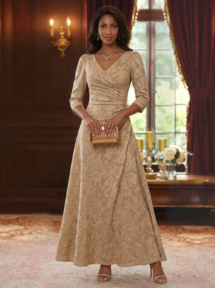 Robe Mère De La Mariée Forme A/Princesse, Col V, Mousseline Florale, Longueur Cheville, Manches 3/4, Froncé