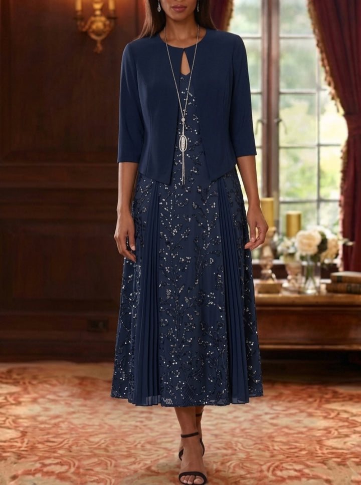 Robe Mère de la Mariée, Ligne A/Princesse, Col en V, Dentelle à Paillettes, 3/4 Manches, Florale, Longueur du Thé