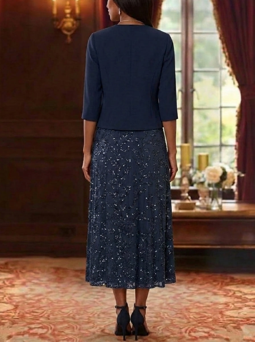 Robe Mère de la Mariée, Ligne A/Princesse, Col en V, Dentelle à Paillettes, 3/4 Manches, Florale, Longueur du Thé