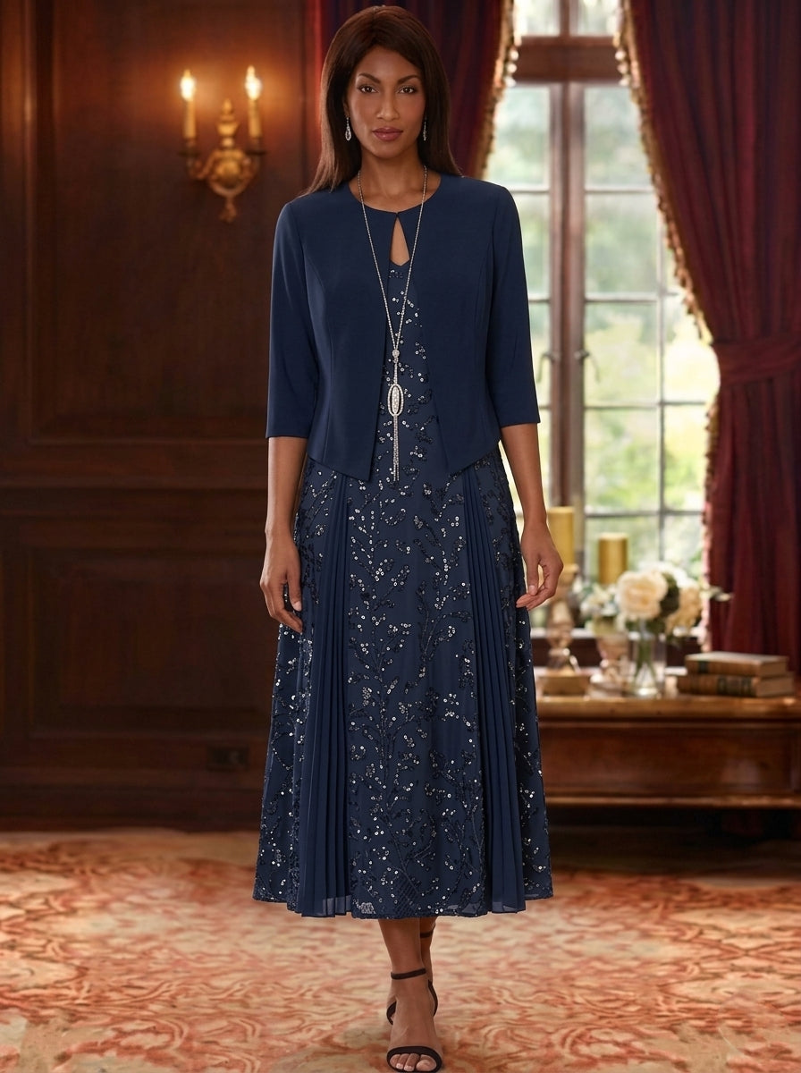 Robe Mère de la Mariée, Ligne A/Princesse, Col en V, Dentelle à Paillettes, 3/4 Manches, Florale, Longueur du Thé
