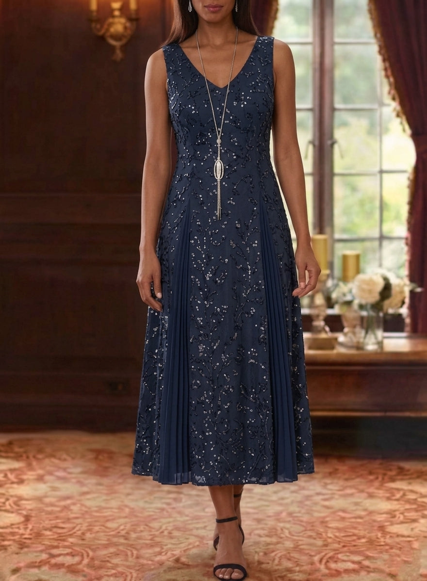 Robe Mère de la Mariée, Ligne A/Princesse, Col en V, Dentelle à Paillettes, 3/4 Manches, Florale, Longueur du Thé
