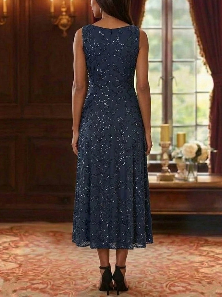 Robe Mère de la Mariée, Ligne A/Princesse, Col en V, Dentelle à Paillettes, 3/4 Manches, Florale, Longueur du Thé