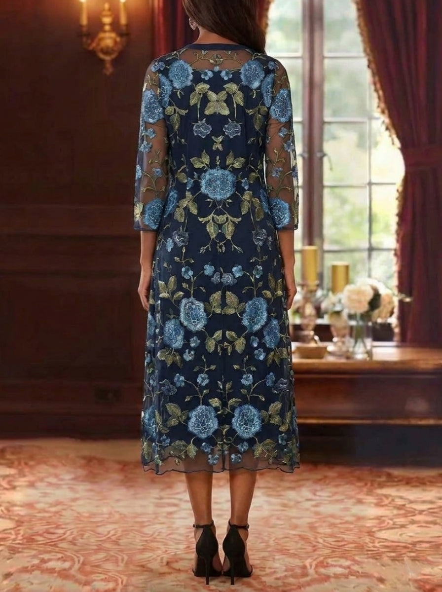 Robe Mère de la Mariée, 2 Pièces, Ligne A/Princesse, Col en V, Dentelle Florale, 3/4 Manches, Longueur du Thé