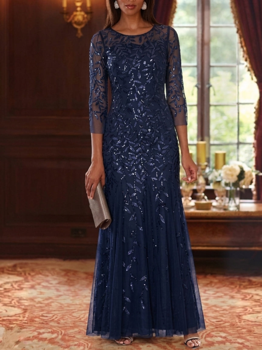 Robe Mère de la Mariée, Ligne A/Princesse, Col Rond, Dentelle à Paillettes, 3/4 Manches, Longueur au Sol