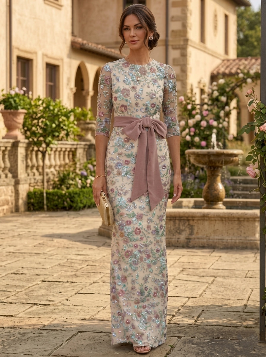 Robe Mère de la Mariée, Gaine/Colonne, Col Rond, Dentelle à Paillettes, 3/4 Manches, Longueur au Sol