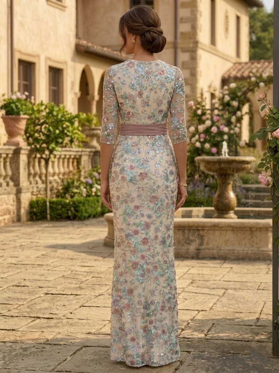Robe Mère de la Mariée, Gaine/Colonne, Col Rond, Dentelle à Paillettes, 3/4 Manches, Longueur au Sol