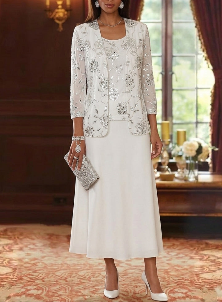 Robe Mère de la Mariée, Ligne A/Princesse, Col Rond, Mousseline, 3/4 Manches, Longueur du Thé