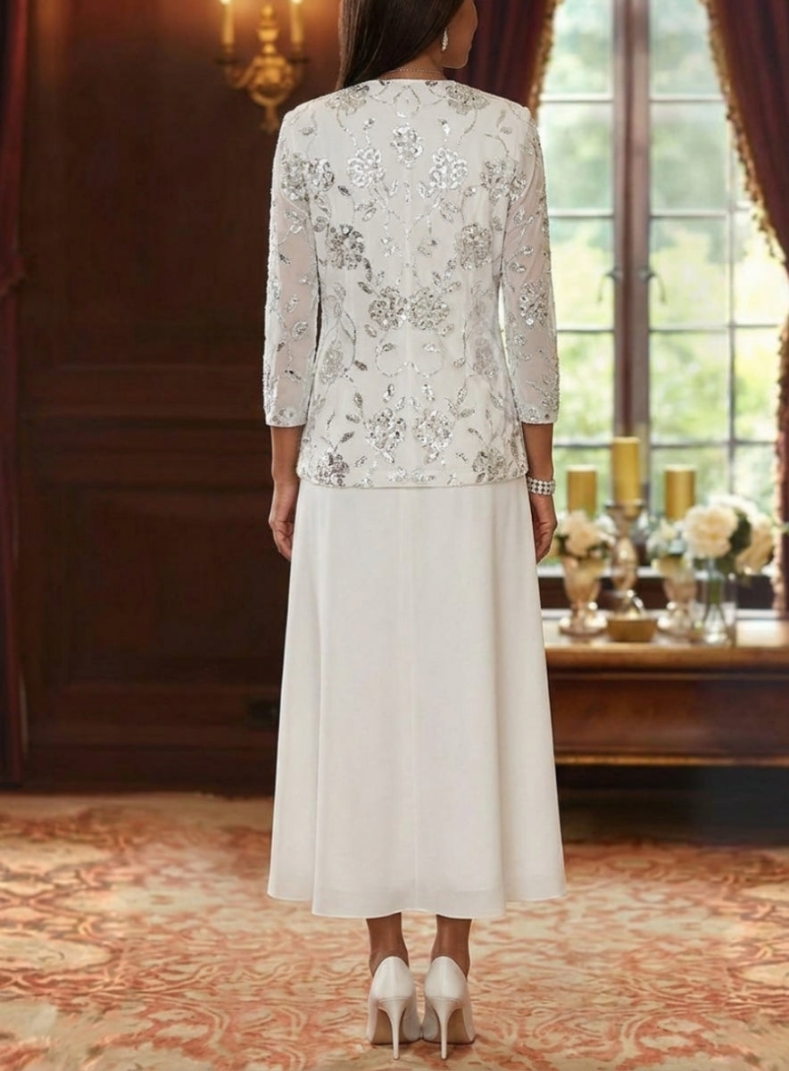 Robe Mère de la Mariée, Ligne A/Princesse, Col Rond, Mousseline, 3/4 Manches, Longueur du Thé