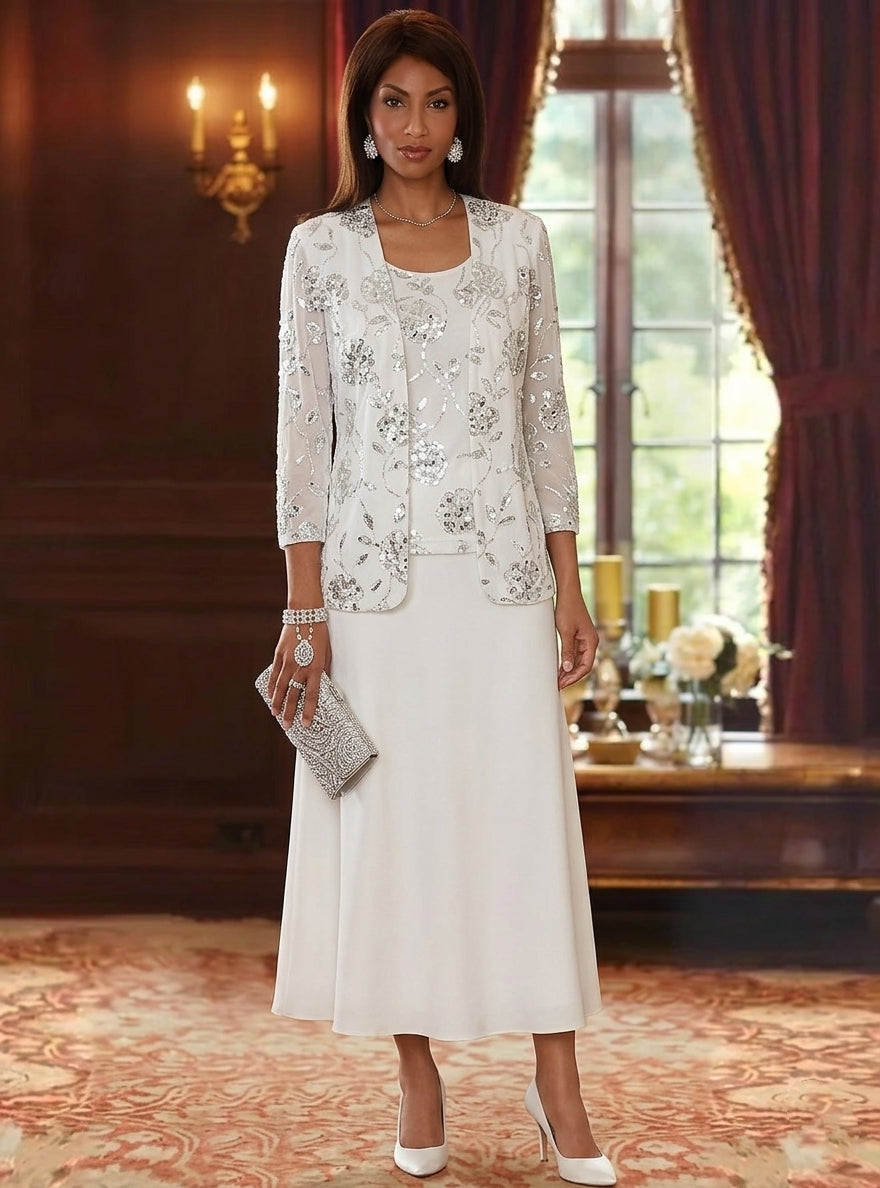 Robe Mère de la Mariée, Ligne A/Princesse, Col Rond, Mousseline, 3/4 Manches, Longueur du Thé