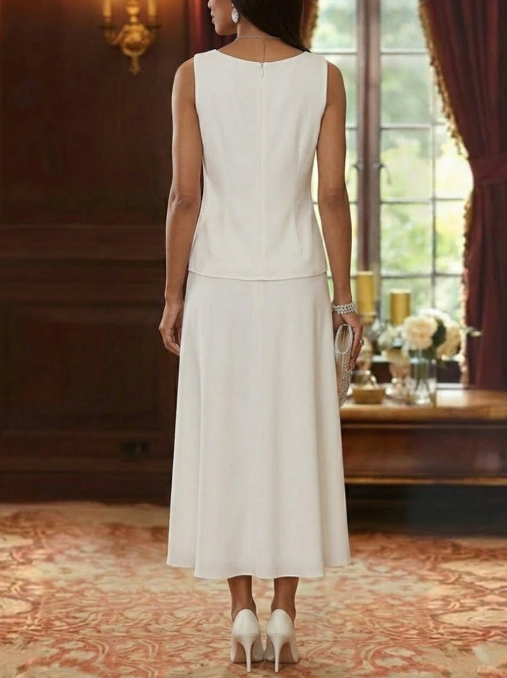 Robe Mère de la Mariée, Ligne A/Princesse, Col Rond, Mousseline, 3/4 Manches, Longueur du Thé