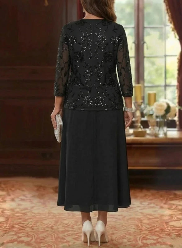 Robe Mère de la Mariée Florale en Mousseline, Grande Taille, Ligne A/Princesse, Col Rond, Manches 3/4, Longueur Midi, à Paillettes