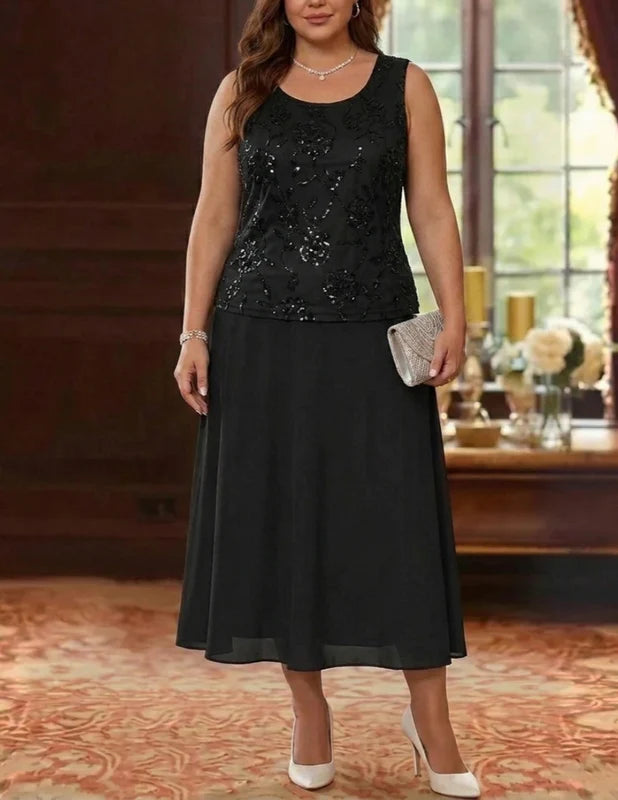 Robe Mère de la Mariée Florale en Mousseline, Grande Taille, Ligne A/Princesse, Col Rond, Manches 3/4, Longueur Midi, à Paillettes
