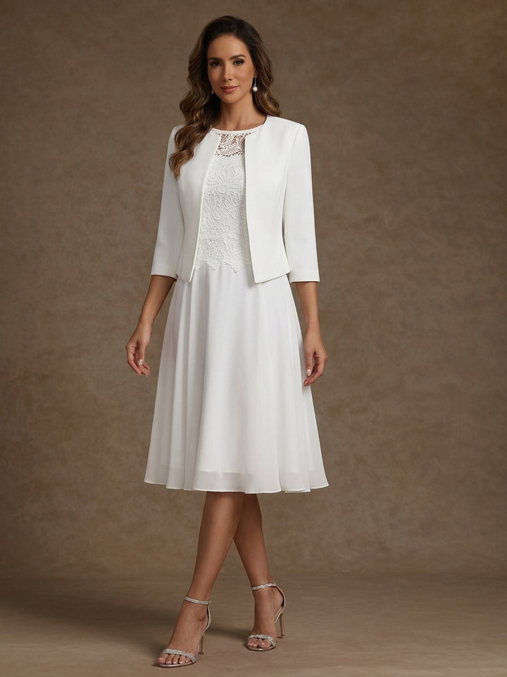 Robe Mère de la Mariée, Ligne A/Princesse, Col Rond, Mousseline, 3/4 Manches, Longueur du Thé, Florale