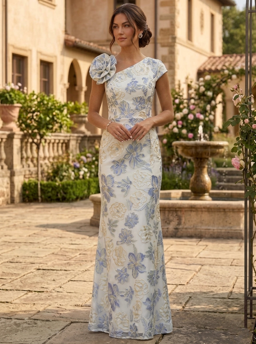 Robe Mère de la Mariée, Gaine/Colonne, Col Asymétrique, Jacquard, Sans Manches, Longueur au Sol
